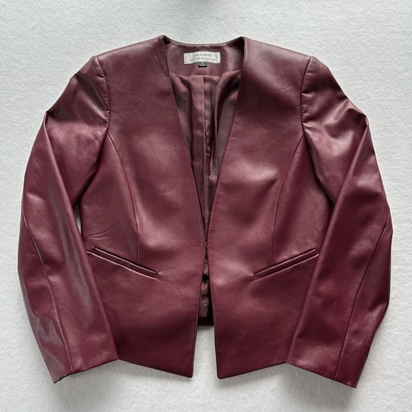 Arthur S Levine Tahari Burgundy Faux Leather Fitted Blazer Tailored Lined Sz 6 - Picture 2 of 9